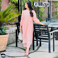 2-piece Peach Self Tarkashi Lawn Dress with Embroidered Patches