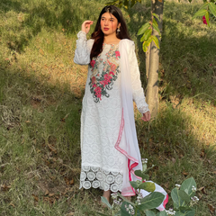 3-piece Embroidered White Crochet Net Dress with Lawn Inner