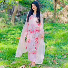 3-piece Bead-worked Pink Printed Chiffon Dress