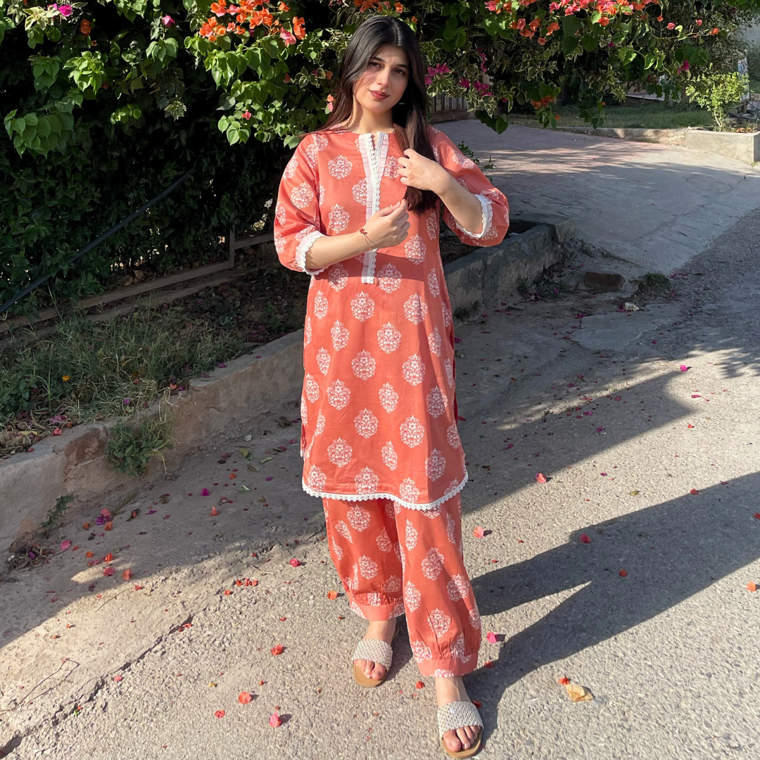 2-piece Printed Coral Lawn Dress with Patyala Style Bottom