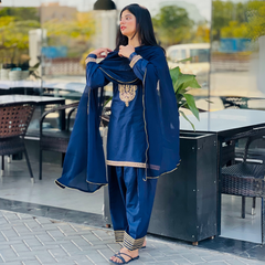 3-piece Embroidered Navy Blue Lawn Short Dress