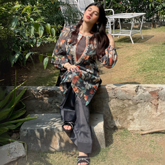 2-piece Printed Chiffon Dark Grey Dress