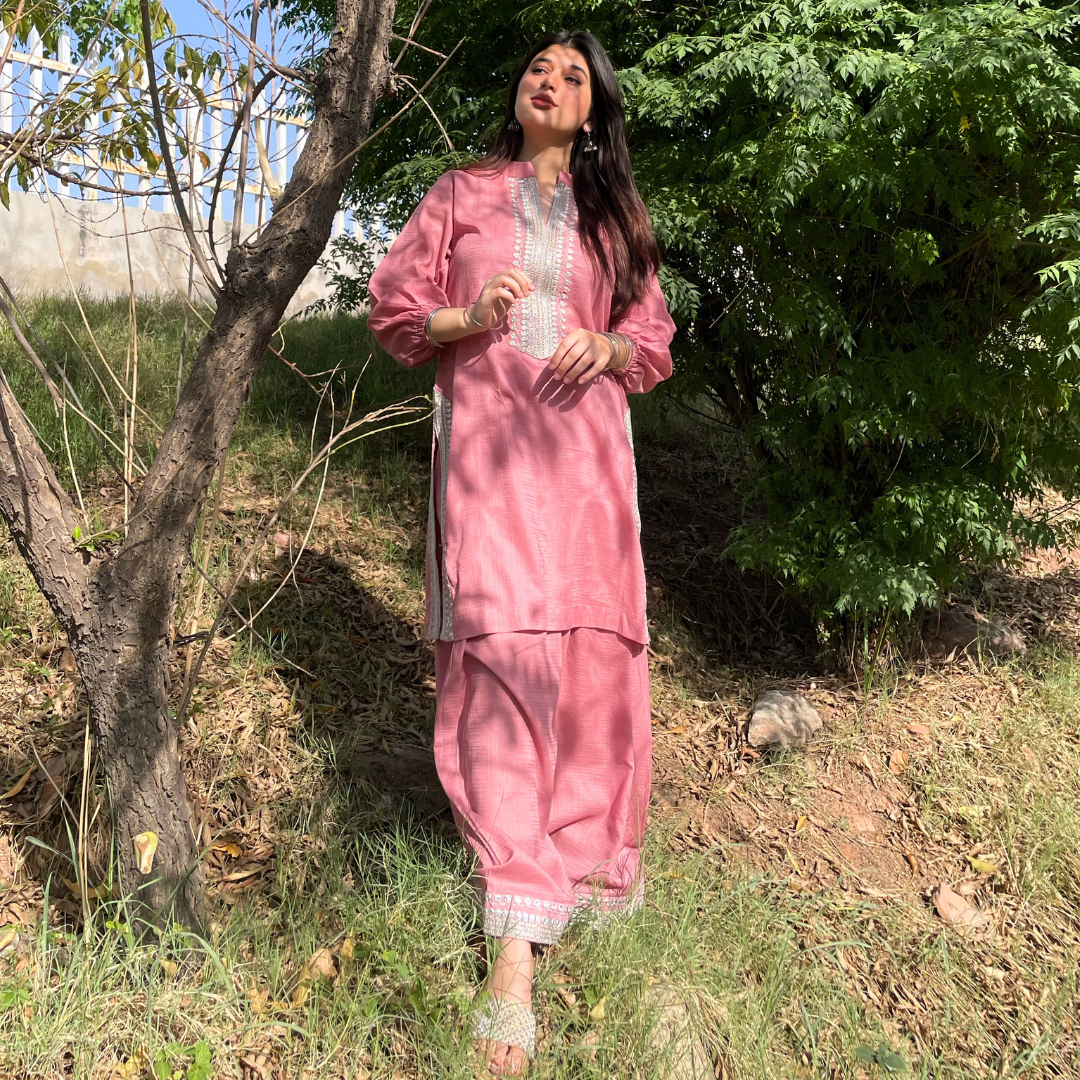 2-piece Embroidered Tea Pink Tarkashi Lawn with Farshi Shalwar