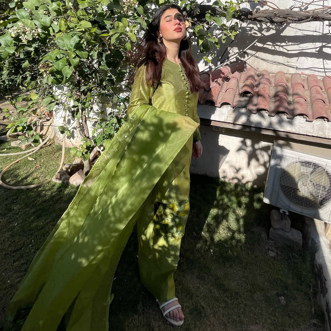 3-piece Apple Green Raw Silk Dress with Plachi Details