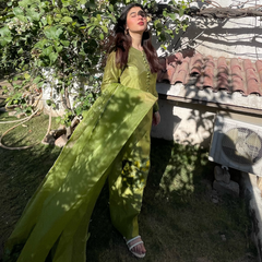 3-piece Apple Green Raw Silk Dress with Plachi Details