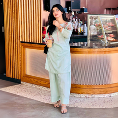 2-piece Embroidered Pistachio Green Doria Lawn Dress with Farshi Shalwar