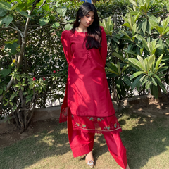 3-piece Embroidered Red Raw Silk Dress