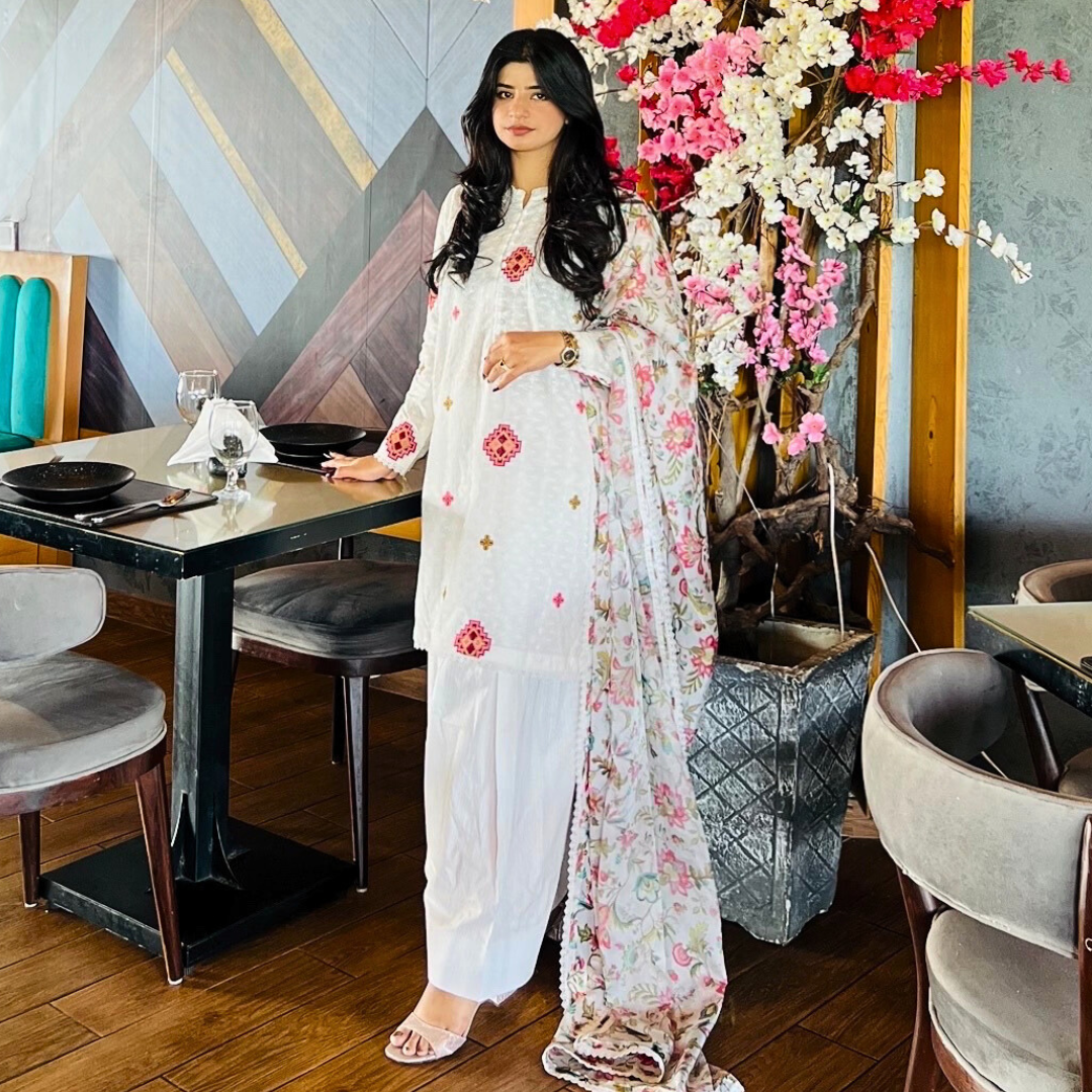 3-piece Embroidered White Chikankari Dress