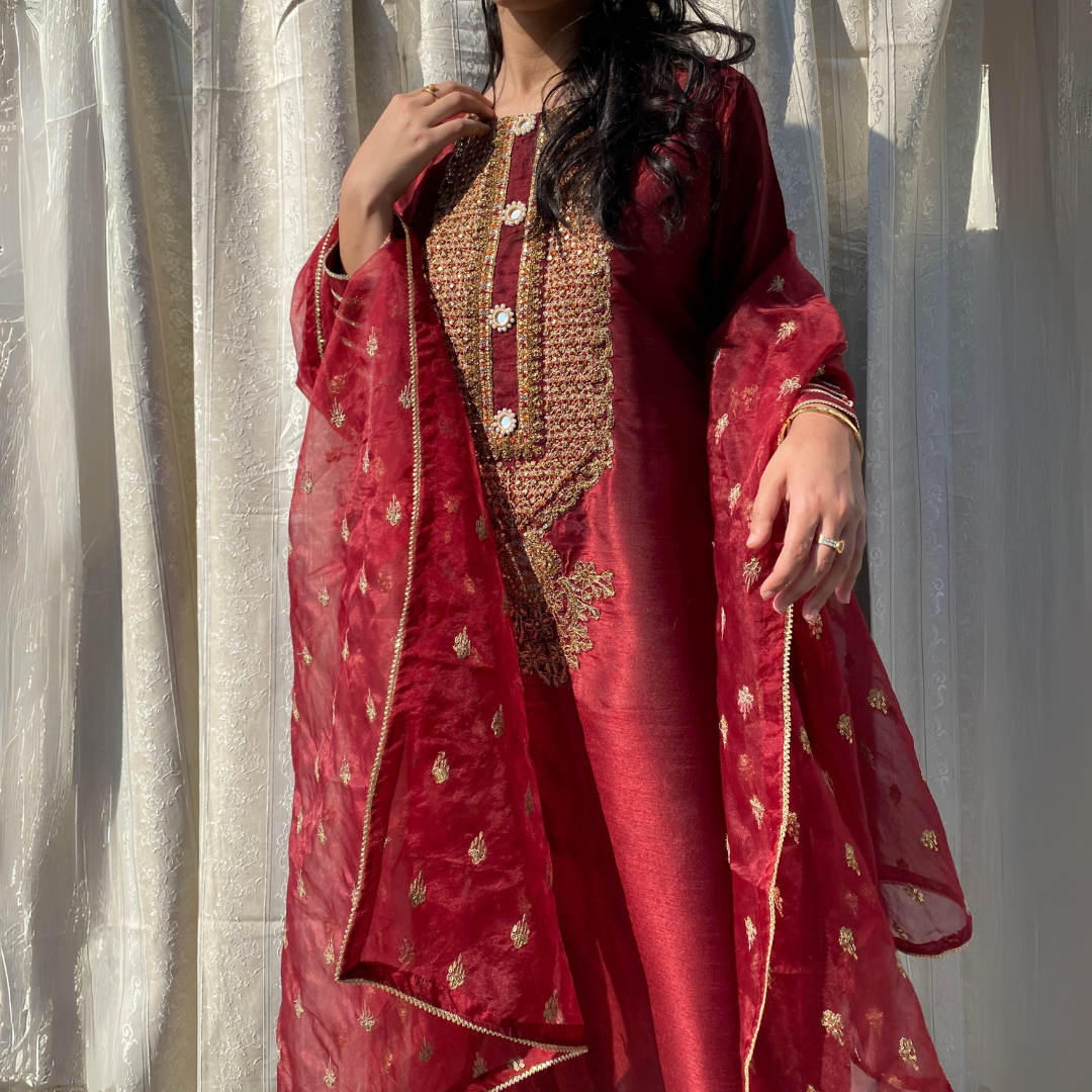 3-piece Embroidered Maroon Raw Silk Dress