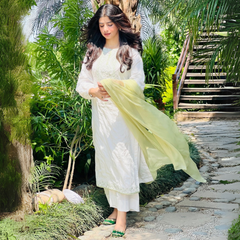 3-piece Embroidered White Lawn Dress with Apple Green Chiffon Dupatta