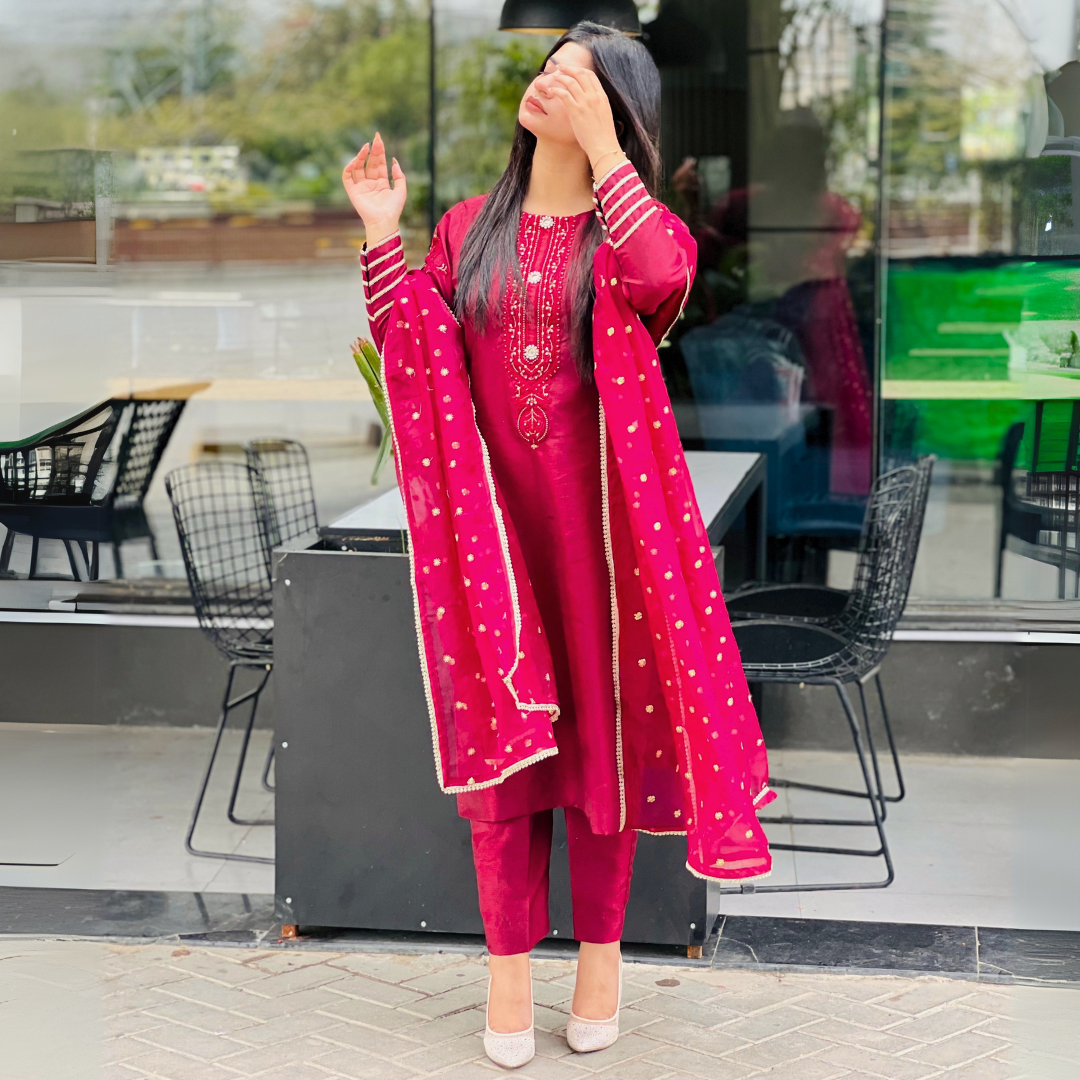 3-piece Embroidered Burgundy Raw Silk Dress