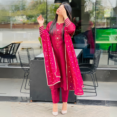 3-piece Embroidered Burgundy Raw Silk Dress