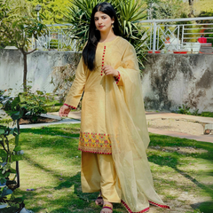 3-piece Embroidered Mustard Yellow Raw Silk Dress