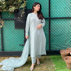 3-piece Embroidered Ice Blue Raw Silk Dress