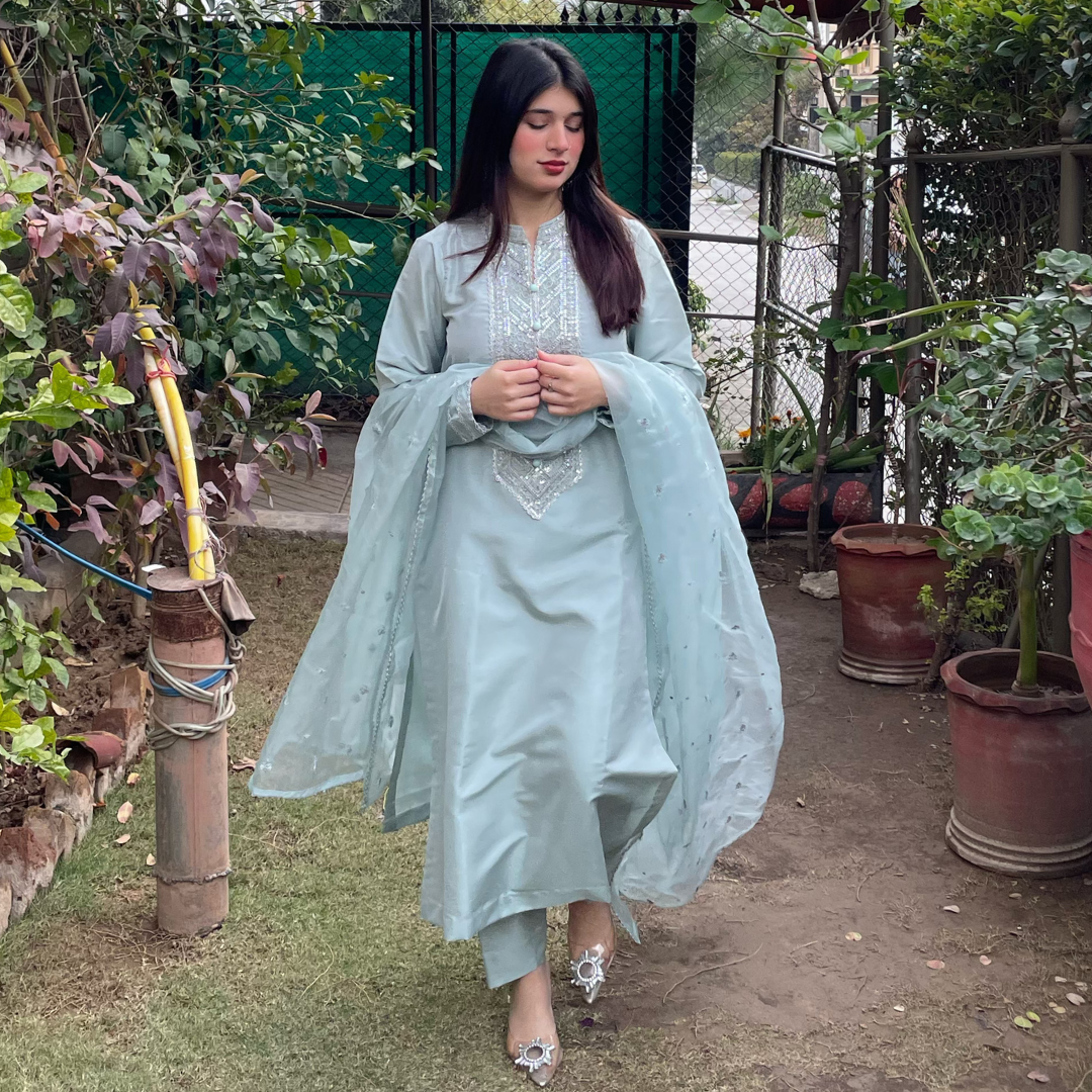 3-piece Embroidered Ice Blue Raw Silk Dress