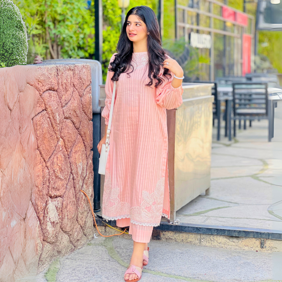 2-piece Peach Self Tarkashi Lawn Dress with Embroidered Patches