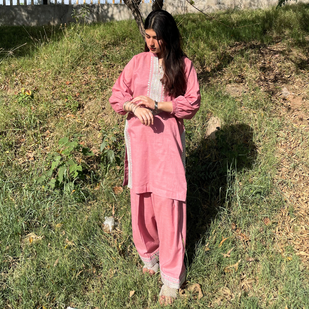 2-piece Embroidered Tea Pink Tarkashi Lawn with Farshi Shalwar
