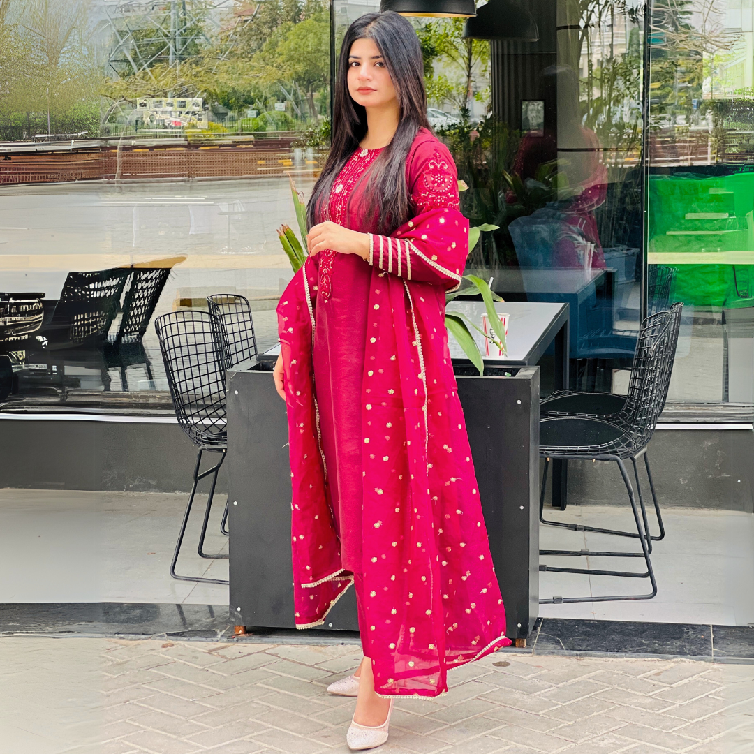3-piece Embroidered Burgundy Raw Silk Dress
