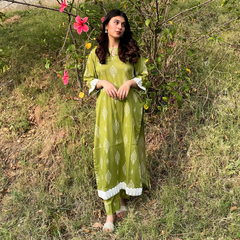 2-piece Digital Printed Green Lawn Dress with Plazo