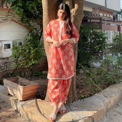 2-piece Printed Coral Lawn Dress with Patyala Style Bottom