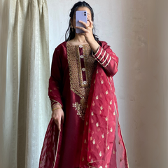 3-piece Embroidered Maroon Raw Silk Dress