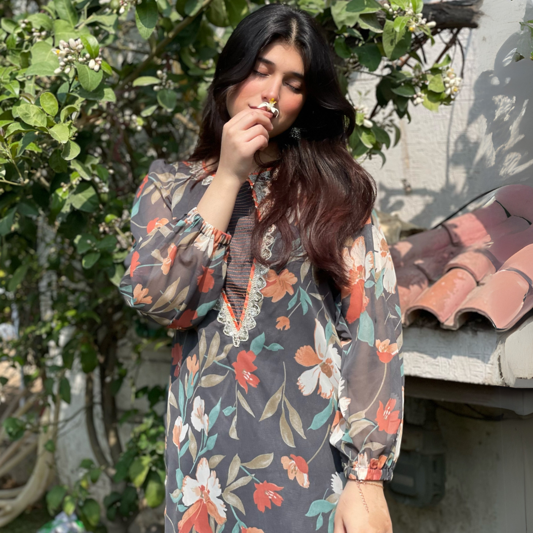 2-piece Printed Chiffon Dark Grey Dress