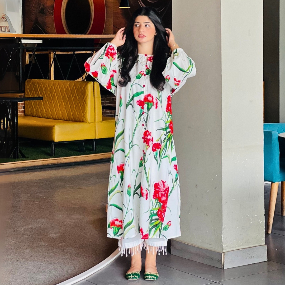 1-piece Digital Printed White Lawn Long Shirt