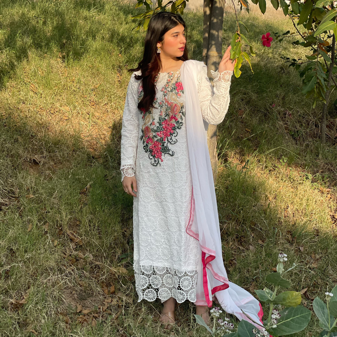 3-piece Embroidered White Crochet Net Dress with Lawn Inner