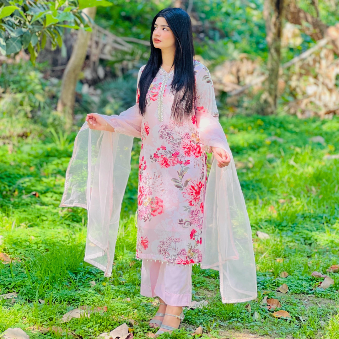 3-piece Bead-worked Pink Printed Chiffon Dress