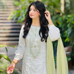 3-piece Embroidered White Lawn Dress with Apple Green Chiffon Dupatta