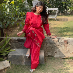 3-piece Embroidered Red Raw Silk Dress