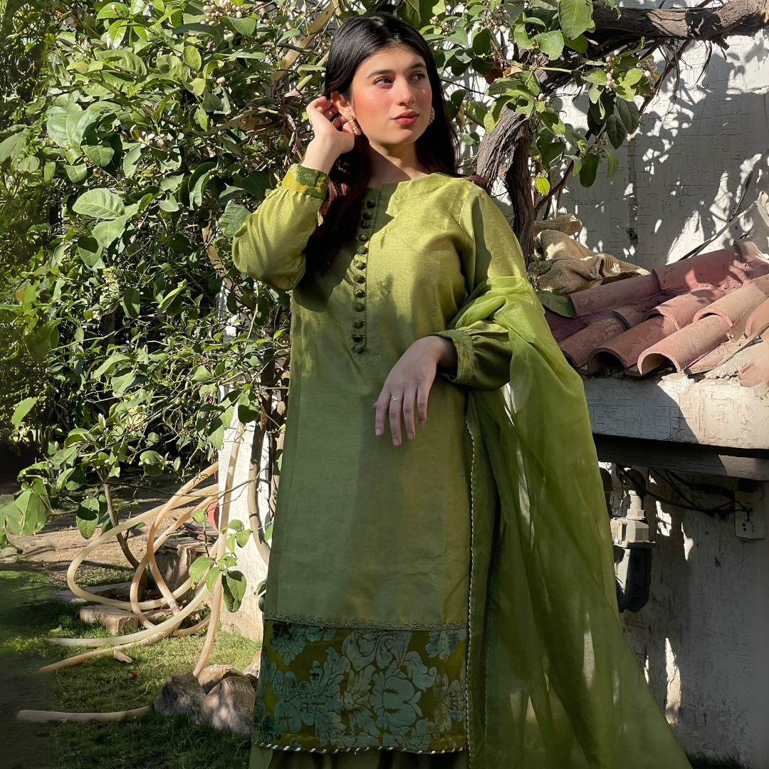 3-piece Apple Green Raw Silk Dress with Plachi Details