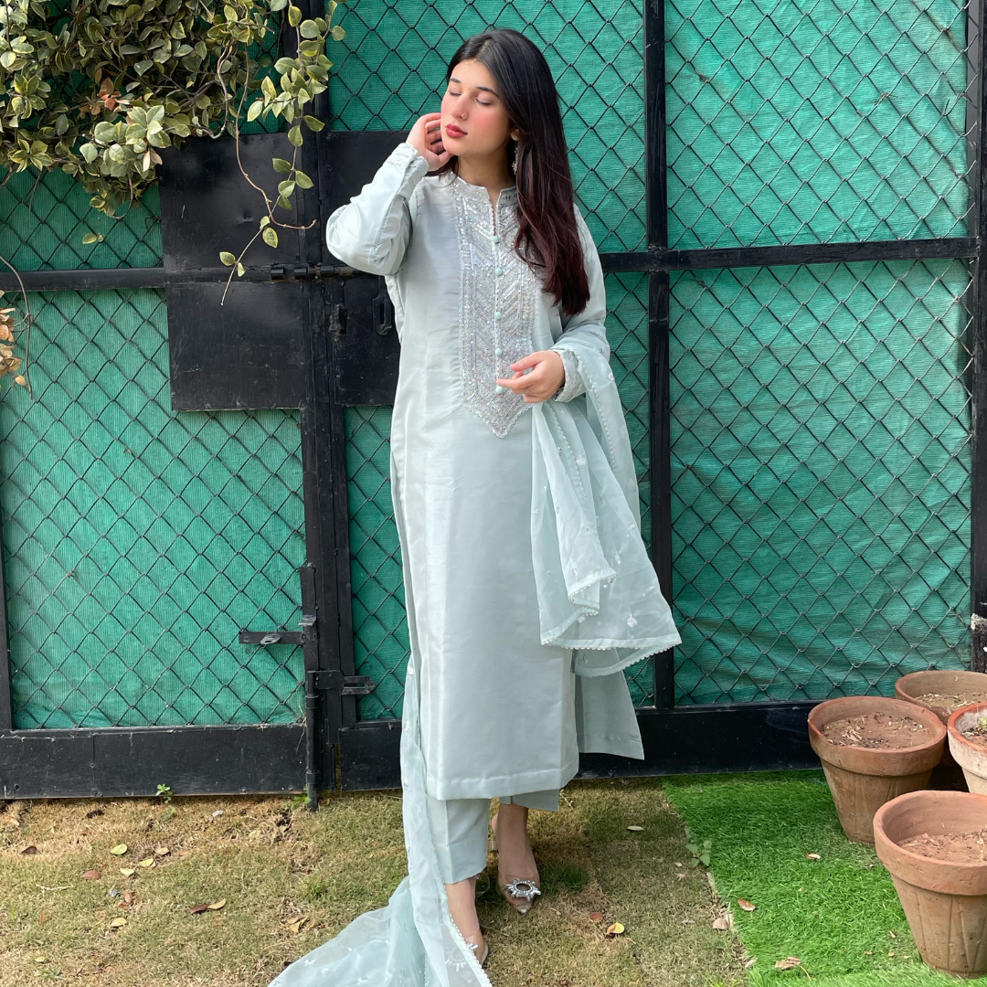 3-piece Embroidered Ice Blue Raw Silk Dress
