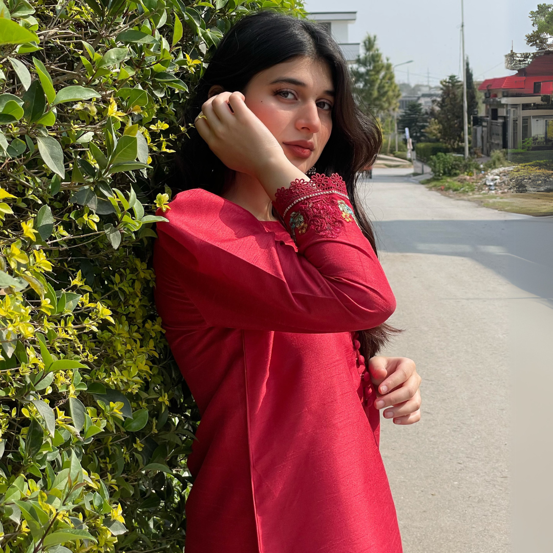 3-piece Embroidered Red Raw Silk Dress
