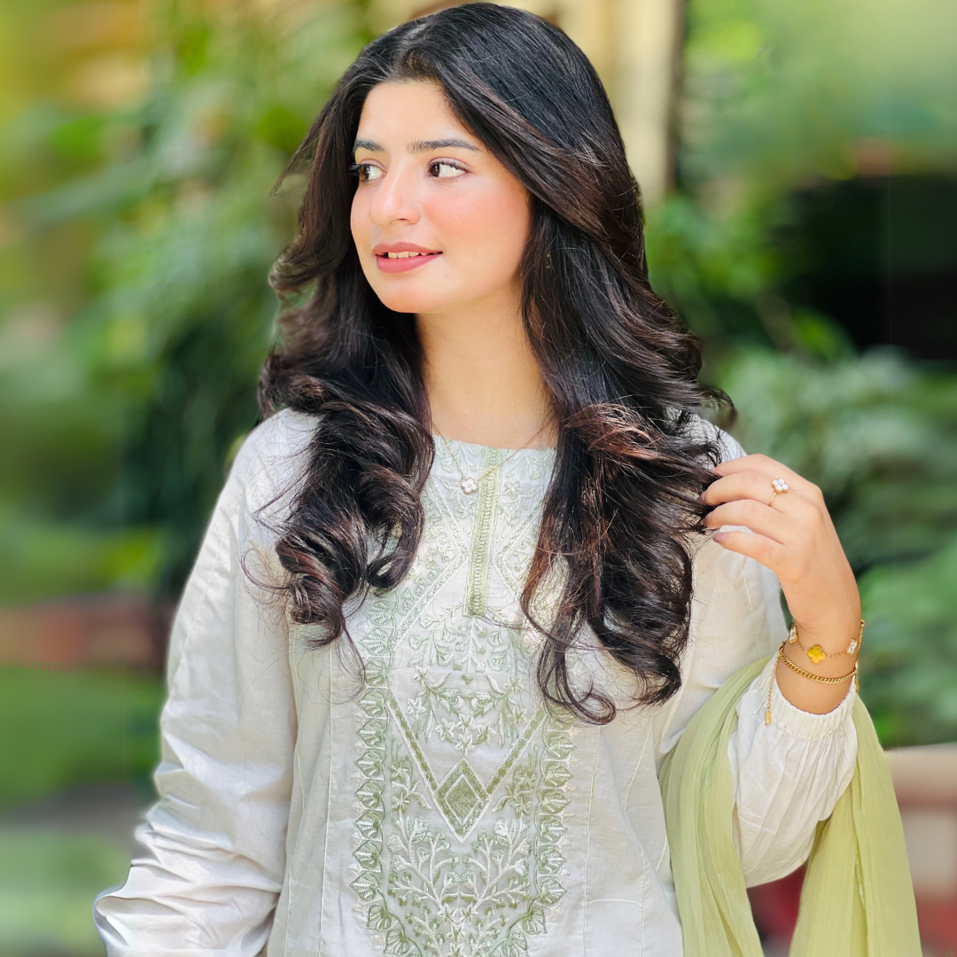 3-piece Embroidered White Lawn Dress with Apple Green Chiffon Dupatta