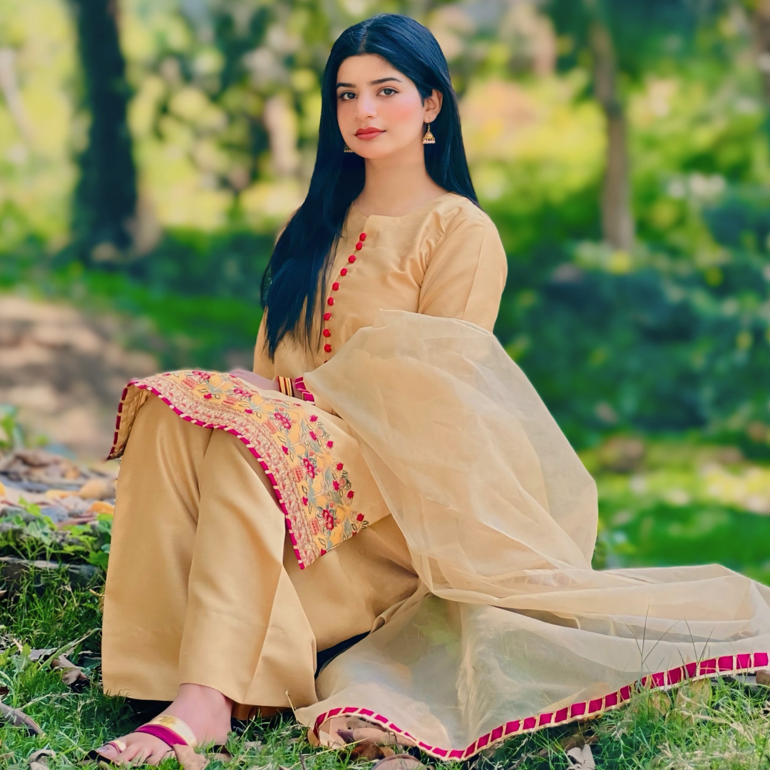 3-piece Embroidered Mustard Yellow Raw Silk Dress