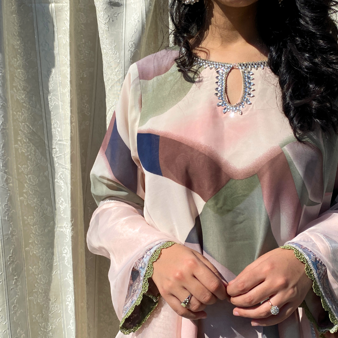 3-piece Embroidered Powder Pink Printed Chiffon Dress