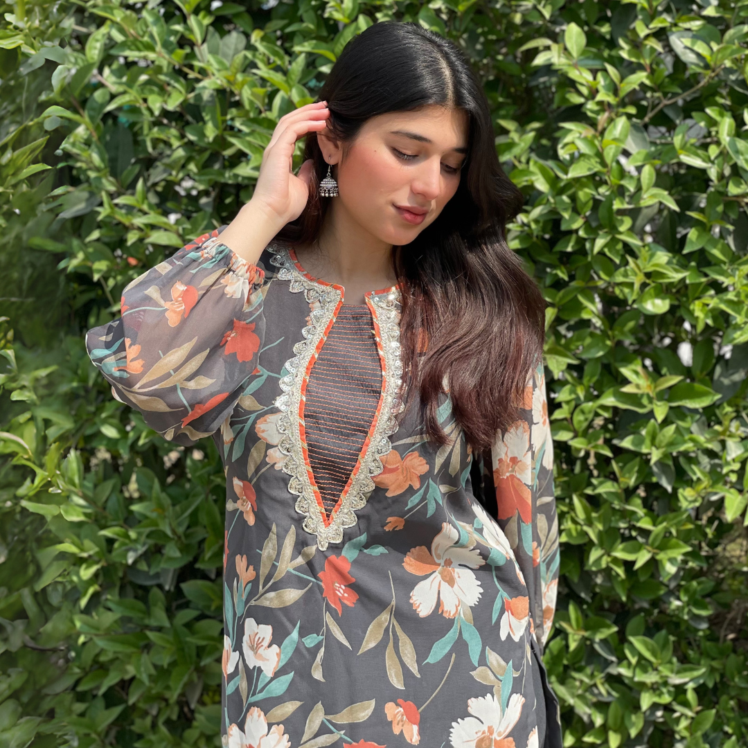2-piece Printed Chiffon Dark Grey Dress