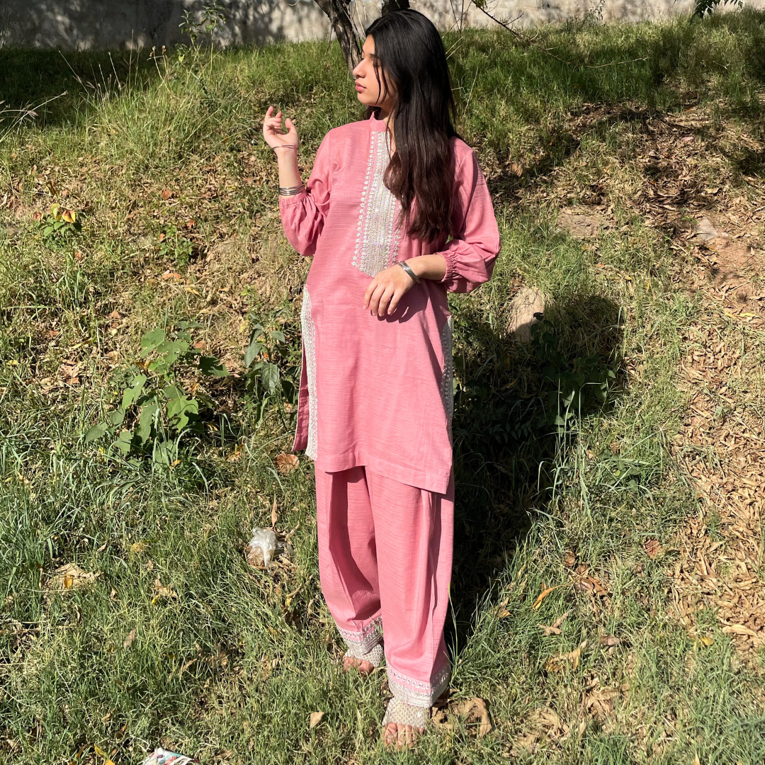 2-piece Embroidered Tea Pink Tarkashi Lawn with Farshi Shalwar