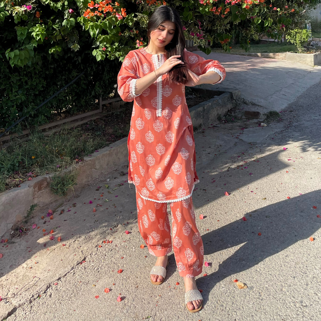 2-piece Printed Coral Lawn Dress with Patyala Style Bottom
