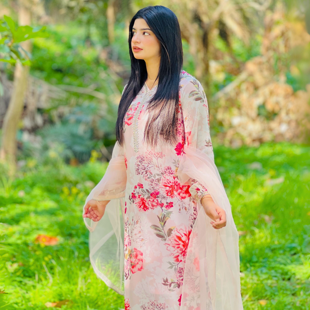 3-piece Bead-worked Pink Printed Chiffon Dress