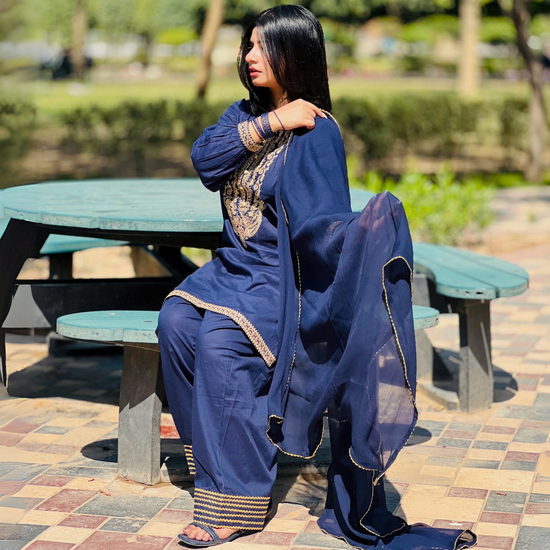 3-piece Embroidered Navy Blue Lawn Short Dress