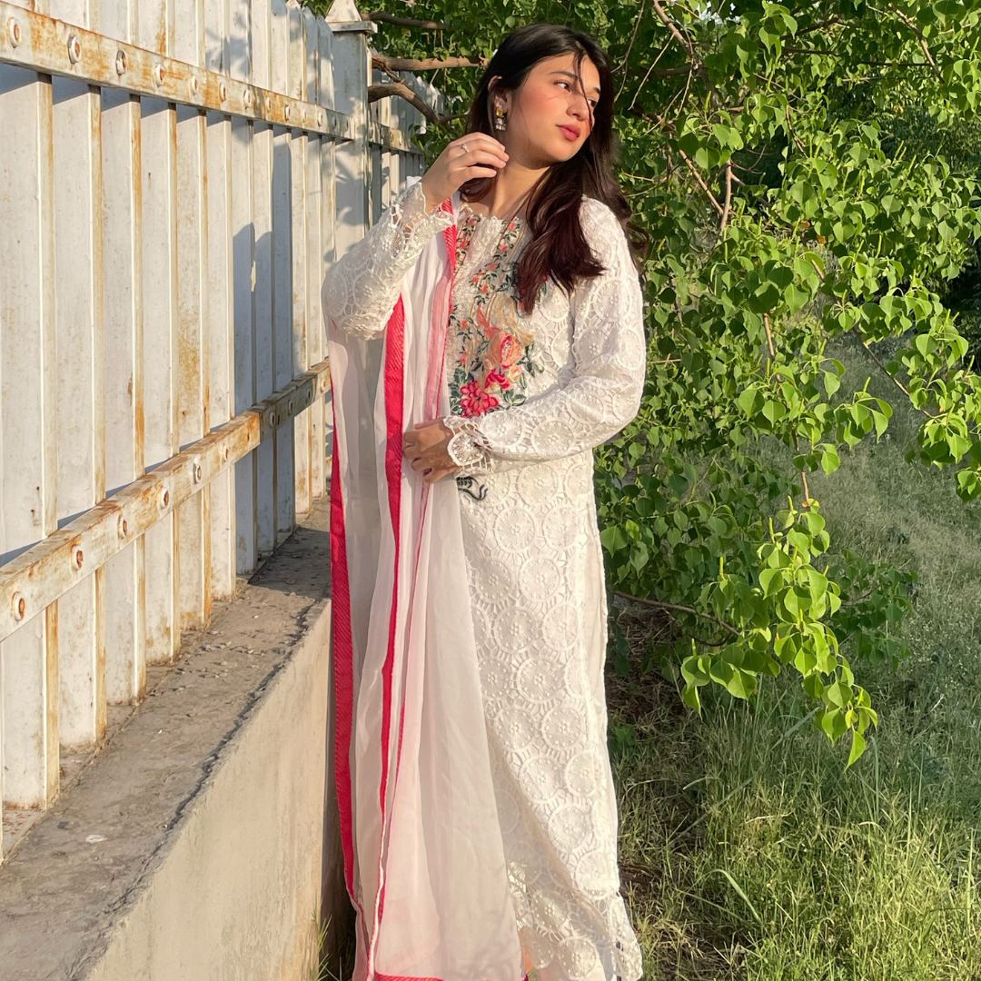 3-piece Embroidered White Crochet Net Dress with Lawn Inner