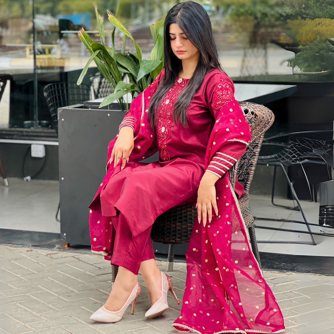 3-piece Embroidered Burgundy Raw Silk Dress
