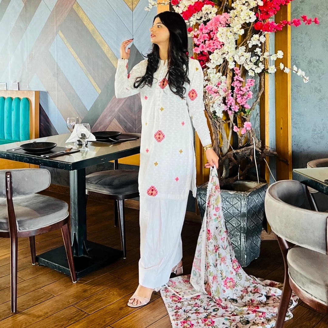 3-piece Embroidered White Chikankari Dress