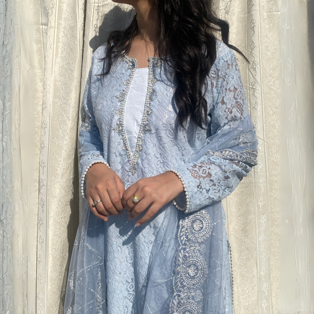 3-piece Hand-worked Light Blue Raw Silk Dress