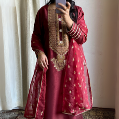 3-piece Embroidered Maroon Raw Silk Dress