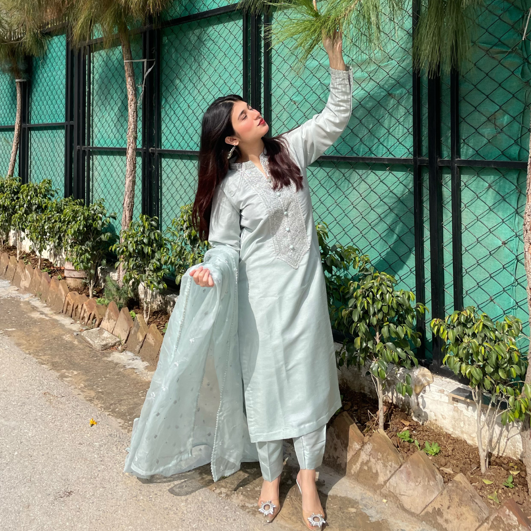 3-piece Embroidered Ice Blue Raw Silk Dress