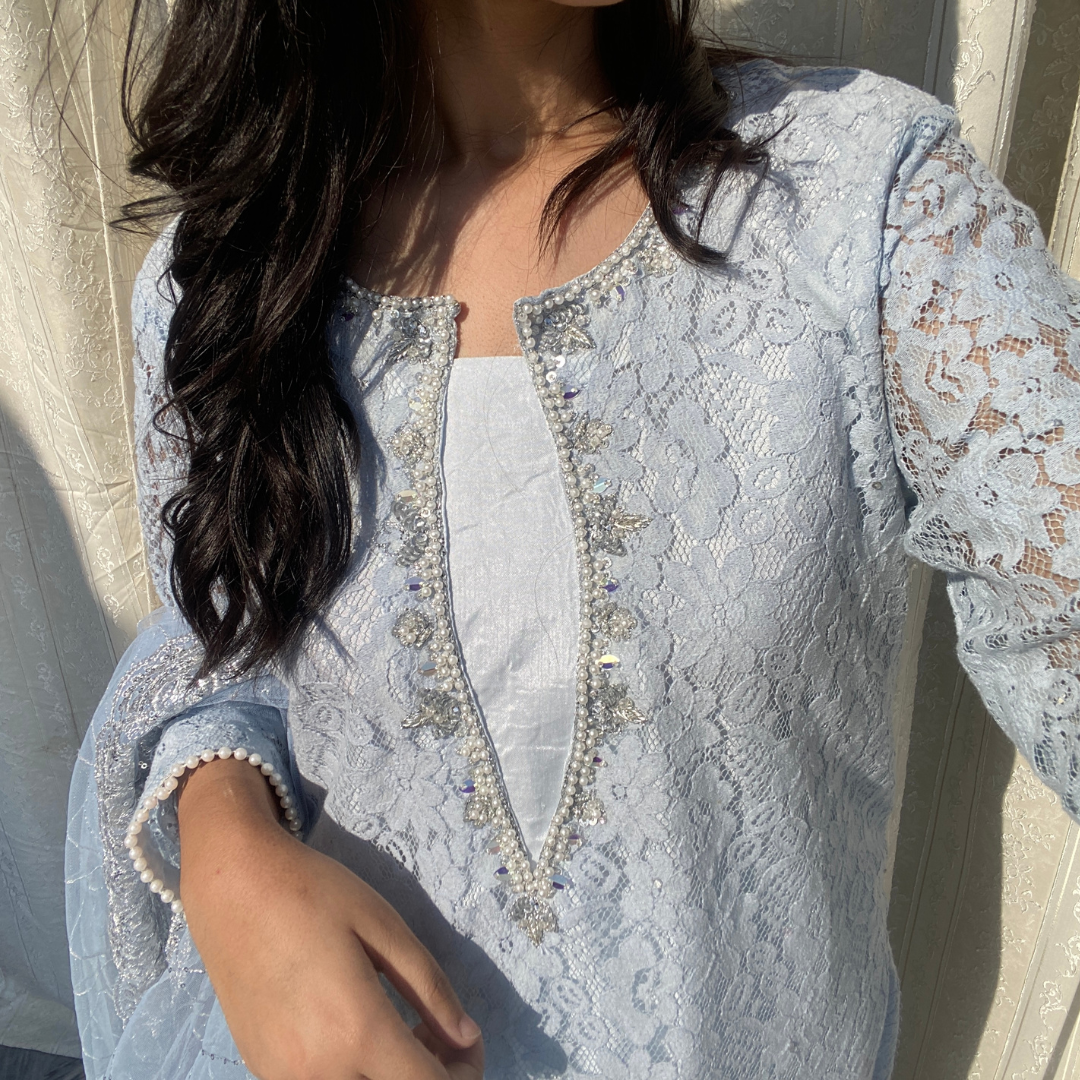 3-piece Hand-worked Light Blue Raw Silk Dress