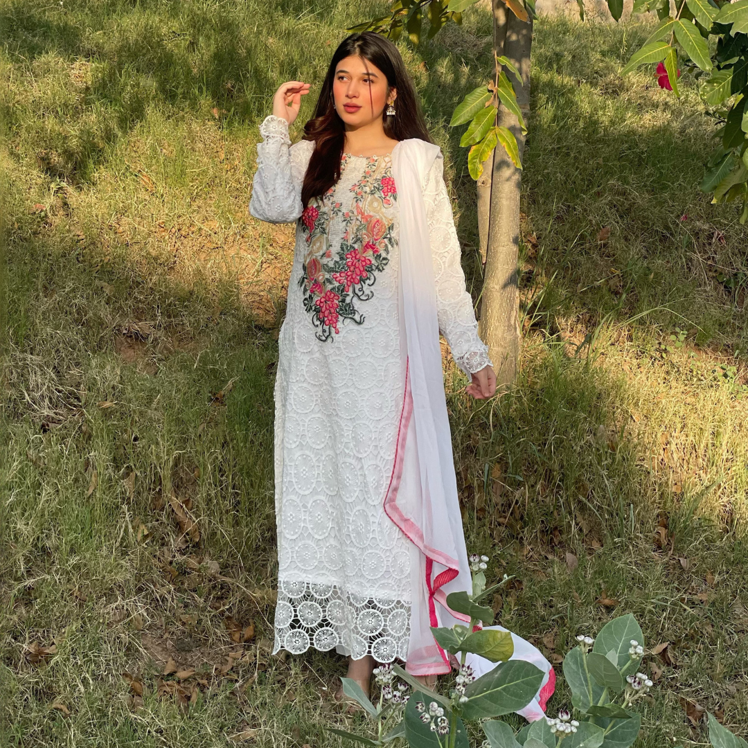 3-piece Embroidered White Crochet Net Dress with Lawn Inner
